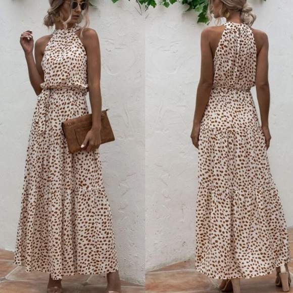 Boho cream brown halter dot belted maxi dress - Picture 3 of 11